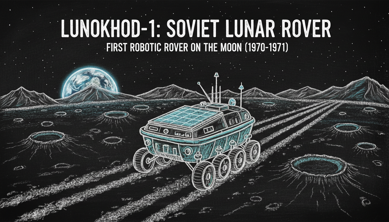 Луноход-1 едет по поверхности Луны, оставляя следы в лунной пыли