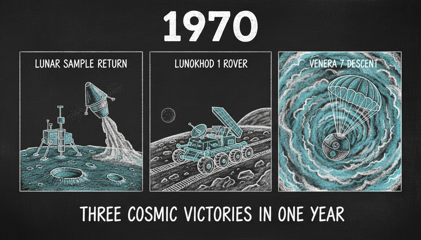 Триптих: Луна-16 возвращает грунт, Луноход-1 на Луне, Венера-7 садится на Венеру