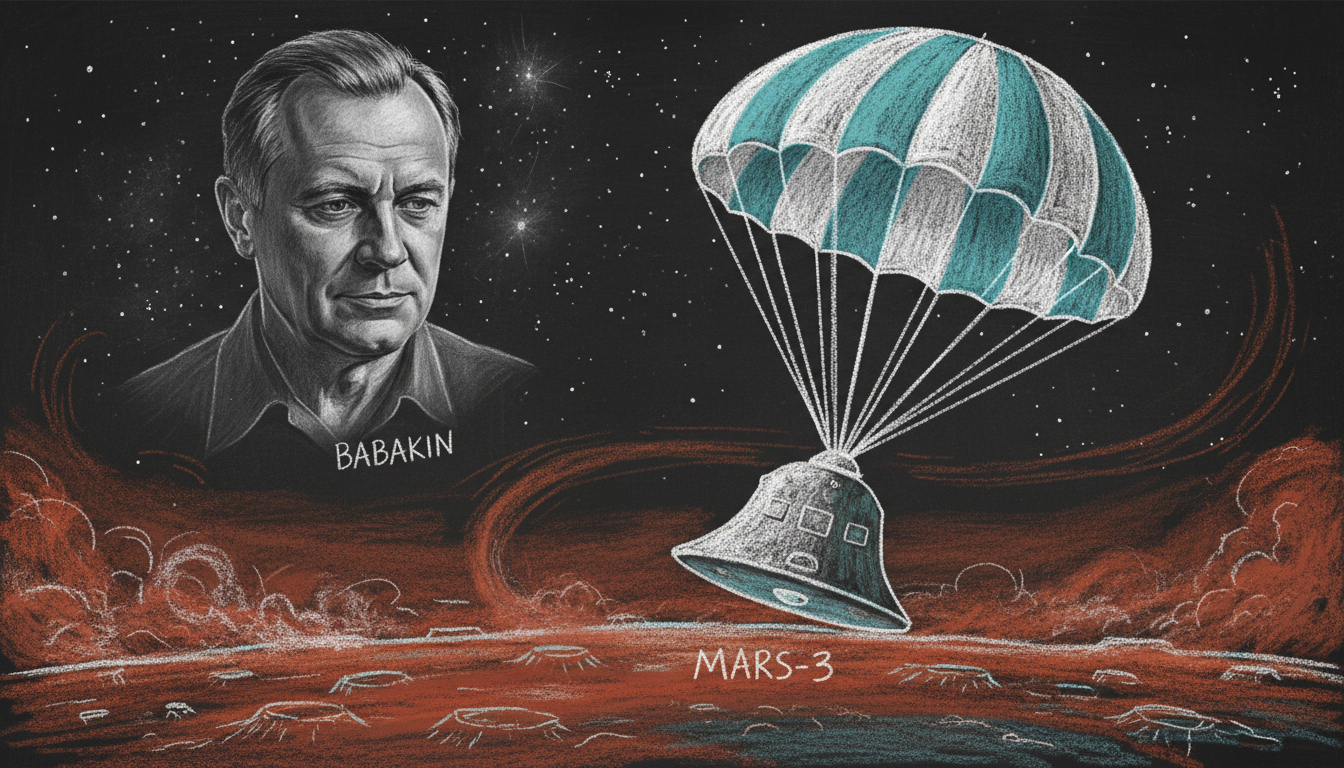 Марс-3 спускается на парашюте на Марс, призрачный портрет Бабакина в звёздном небе