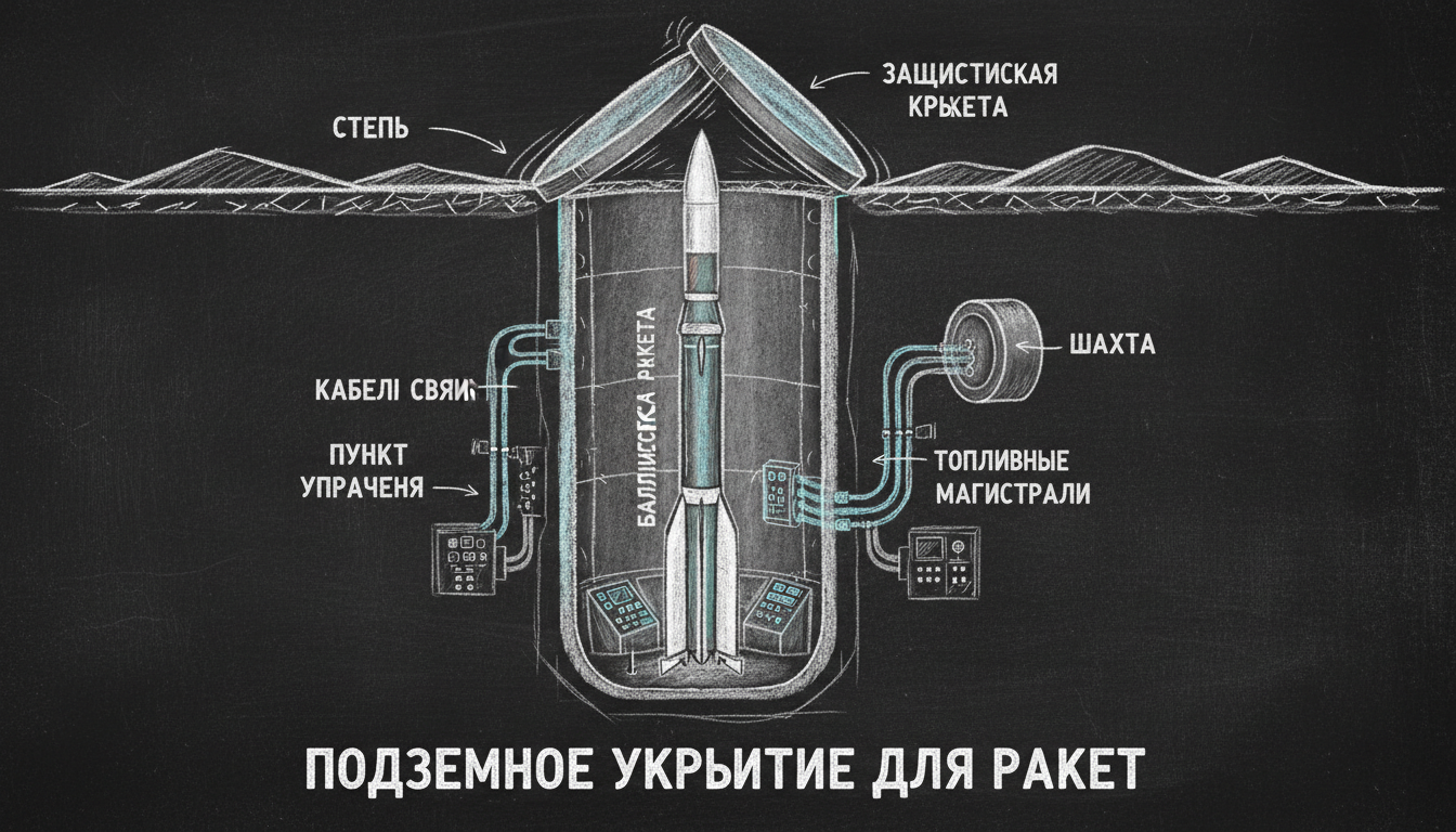 Разрез подземной ракетной шахты — ракета в бетонном колодце