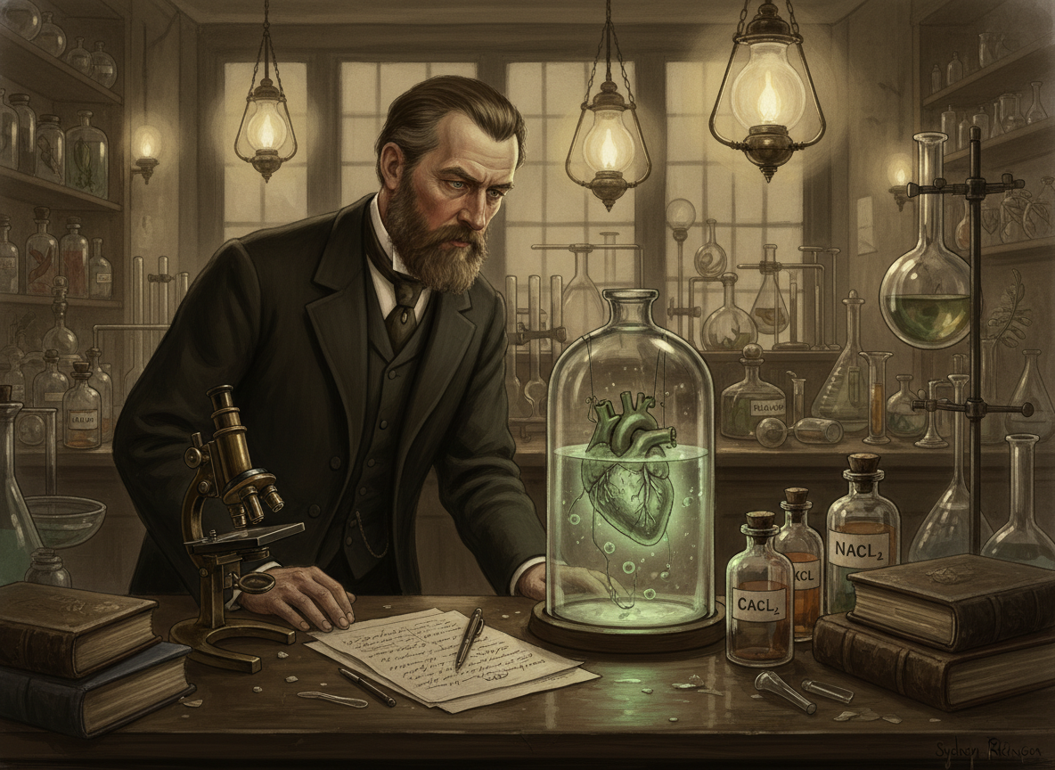 Сидней Рингер в лаборатории — лягушачье сердце в солевом растворе, 1883