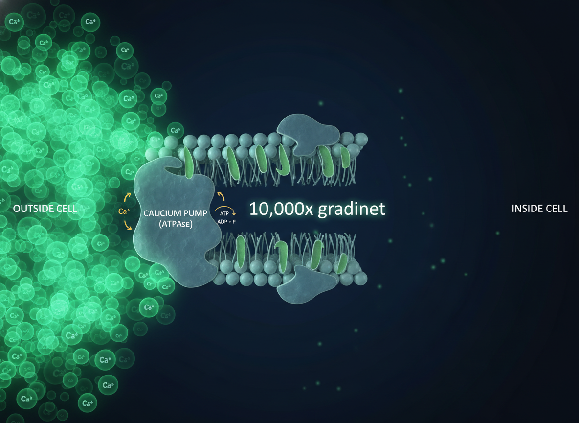 Клеточная мембрана — концентрация кальция снаружи в 10 000 раз выше, чем внутри
