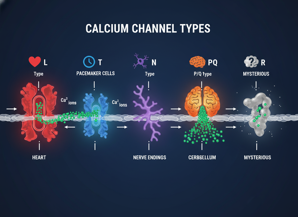 Пять типов кальциевых каналов: L, T, N, P/Q, R — каждый в своей ткани