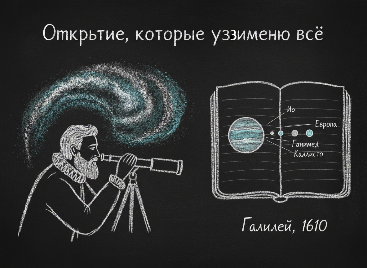 Галилей у телескопа открывает спутники Юпитера в 1610 году