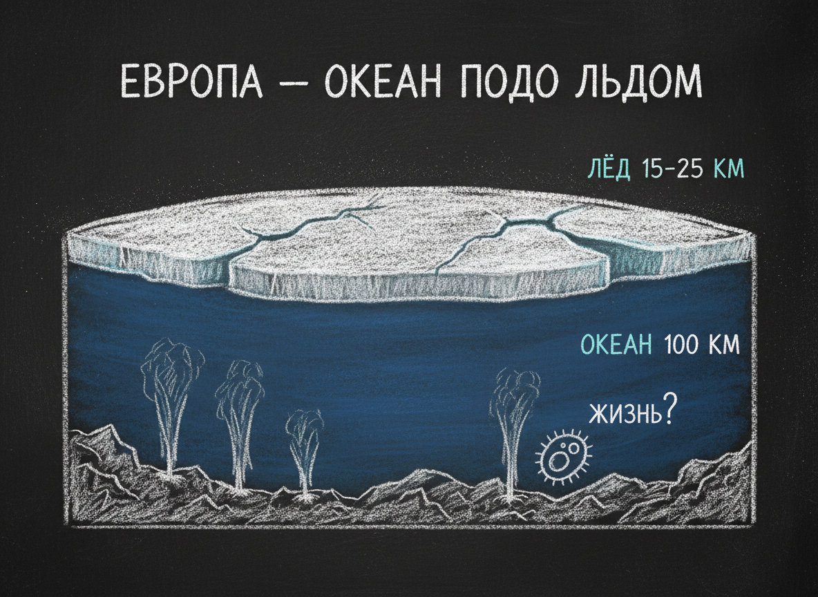 Европа: ледяная поверхность и океан под ней с гидротермальными источниками