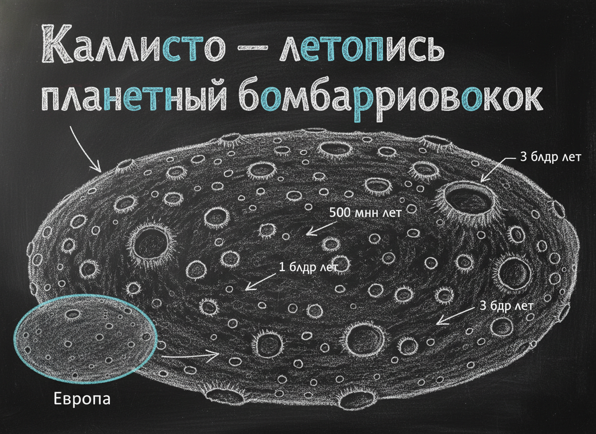 Каллисто — поверхность, покрытая кратерами миллиардов лет