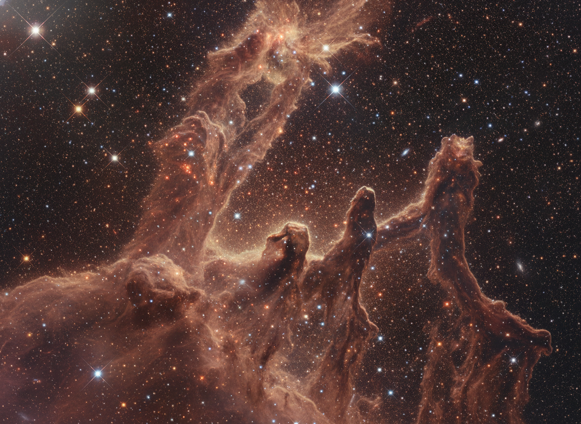 Столпы Творения глазами телескопа Джеймс Уэбб в инфракрасном свете