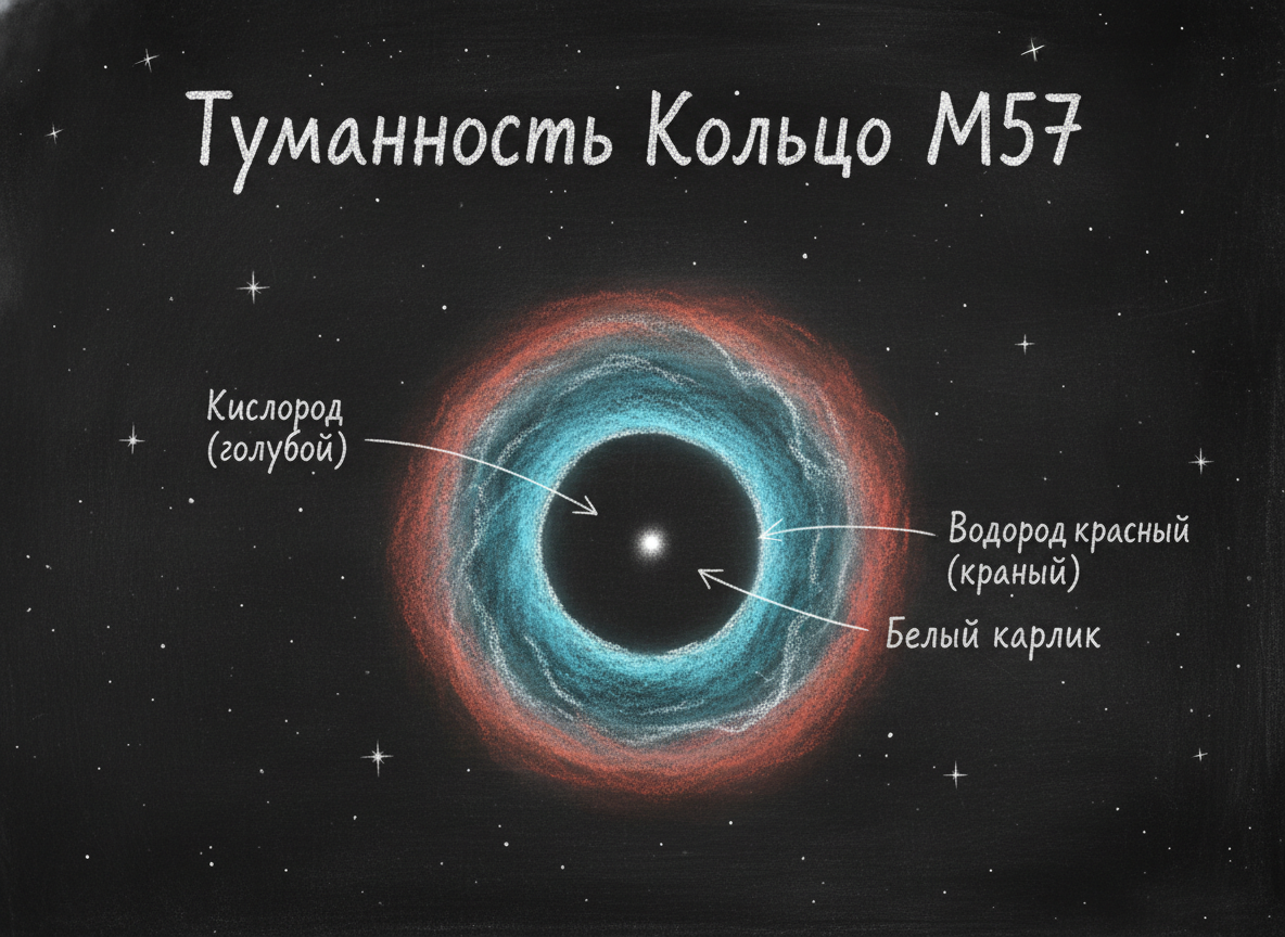 Туманность Кольцо M57 — реальные цвета атомов газа